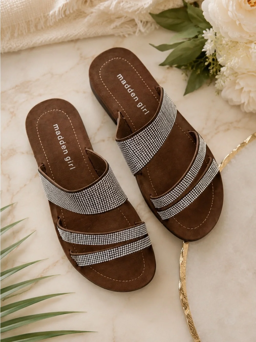 Madden Girl Press Rhinestone Slide Sandals Brown Slip On Comfort Sandals